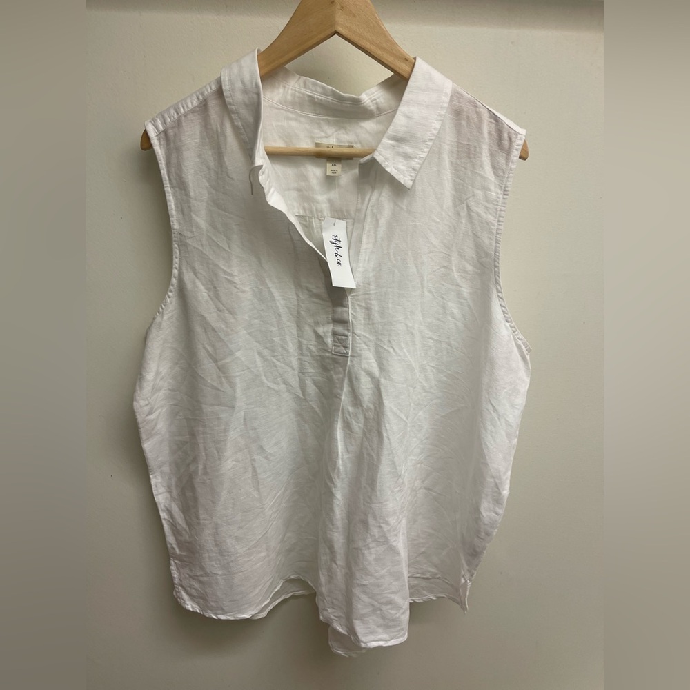 Linen Cotton White Sleeveless Collared Tank | Neutral Summer Top | XXL